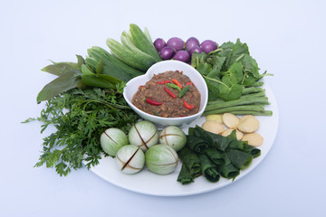 Thai cuisine nam prik or chili paste with various vegetables or with blanched vegetables