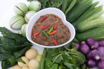 Thai cuisine nam prik or chili paste with various vegetables or with blanched vegetables
