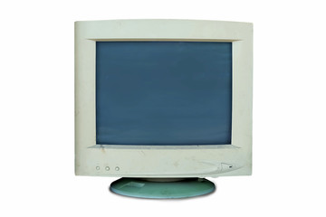 old monitor computer that are broken or not used or obsolete isolated on white background, Electronic waste is harmful to the environment.