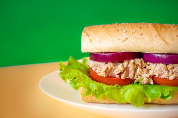 Tuna sandwich on white plate. Blurred golden and green background.