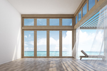 Fototapeta premium Natural style interior space and terrace with sea view 3d rendering Image. Decorate room with wood. There are large window overlooking the surrounding.