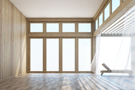 Natural style interior space and terrace with sky 3d rendering Image. Decorate room with wood. There are large window overlooking the surrounding.