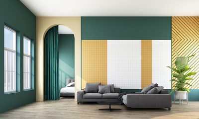 Memphis interior style living area with colorful wall decorate. 3d rendering