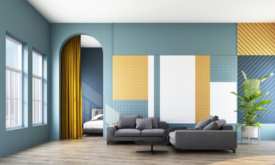 Memphis interior style living area with colorful wall decorate. 3d rendering