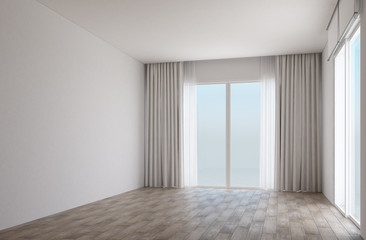 Fototapeta premium White room interior space with wooden floor and slide door with curtain. 3d render