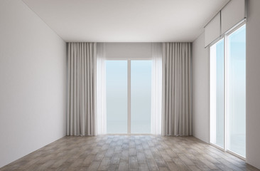 White room interior space with wooden floor and slide door with curtain. 3d render