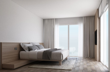 White bedroom with wooden floor and slide door with curtain. 3d render