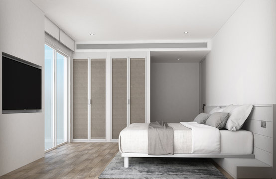 White Bedroom with woodern furniture and floor. 3d rendering