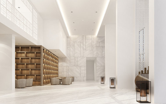 Mainhall double space interior Sino-Portuguese style with marble floor and armchair set & wooden built-in. 3d rendering
