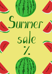 Summer sale banner with watermelon. Design for banner, flyer, invitation, poster, card.