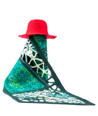Women's green scarf of felted wool with a red hat on a white background