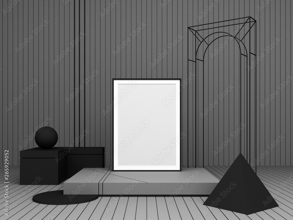 Poster 3d rendering abstract composition. dark color geometric shapes on grey background for presentation f