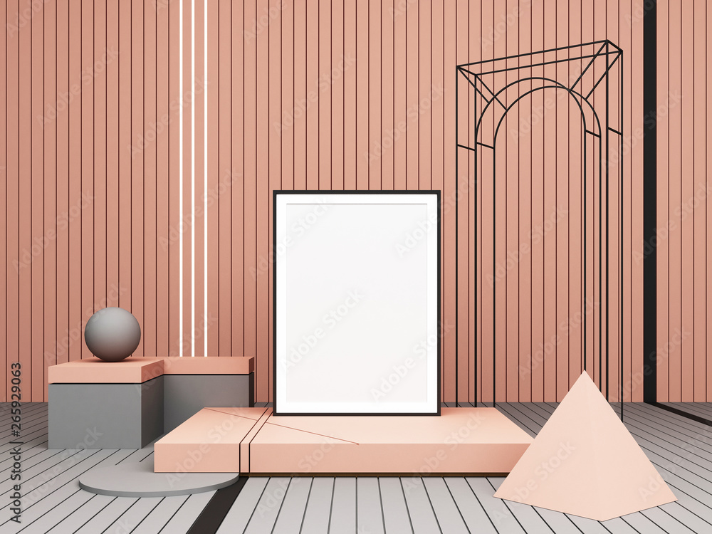 Poster 3d rendering abstract composition. pastel geometric shapes on pink background for presentation frame