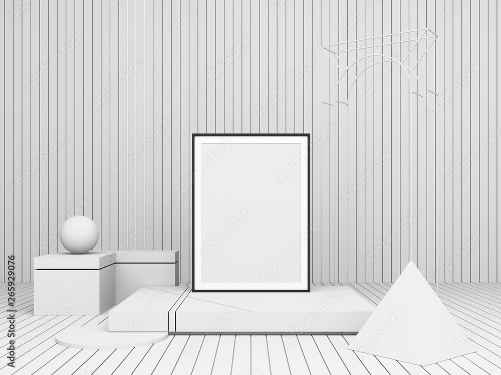 Poster 3d rendering abstract composition. white geometric shapes on white background for presentation frame