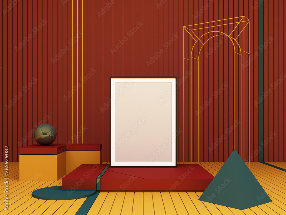 Poster 3d rendering abstract composition. geometric shapes on red background for presentation frame or mock