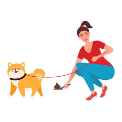 The concept of cleaning feces while walking dogs. Hand holding a disposable bag of dog excrement over the urn for disposal. Vector illustration