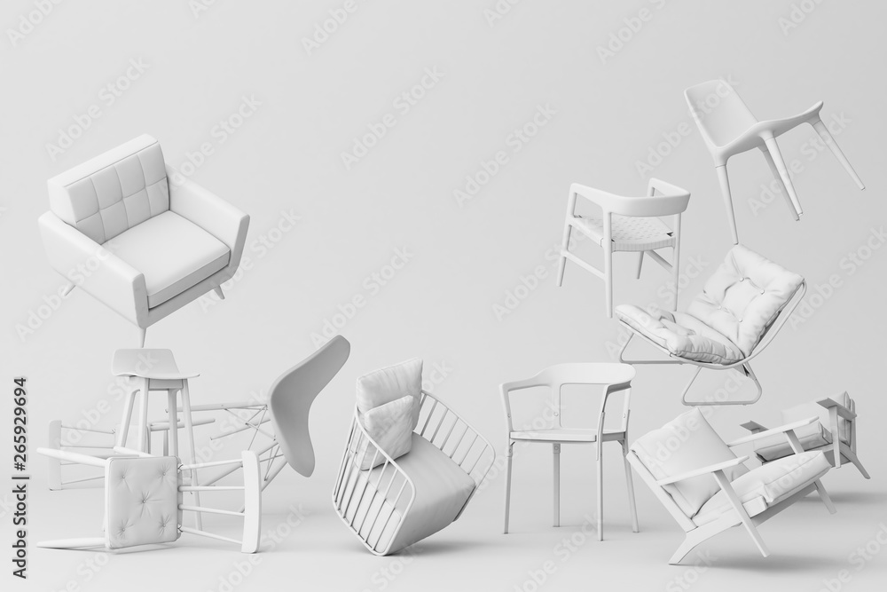 Poster white chairs in empty white background. concept of minimalism & installation art. 3d rendering mock 