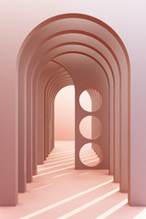 Minimalistic,pink color arch hallway architectural corridor with empty wall. 3d render, minimal.