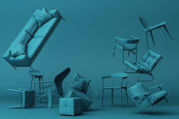 Blue-green chairs in empty blue background. Concept of minimalism & installation art. 3d rendering mock up