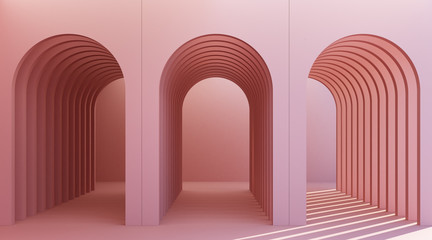 Minimalistic, pinkpastel arch hallway architectural corridor with empty wall. 3d render, minimal.