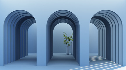Minimalistic, blue arch hallway architectural corridor with empty wall. 3d render, minimal.
