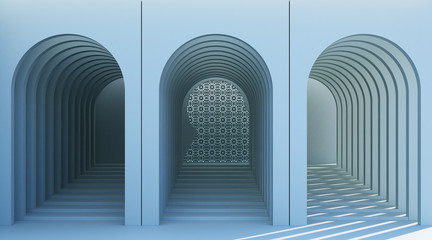 Minimalistic, blue arch hallway architectural corridor with empty wall. 3d render, minimal.