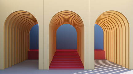 Minimalistic, colorful arch hallway architectural corridor with empty wall. 3d render, minimal.