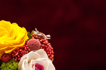 Yellow rose in pink bouquet with hydrangea