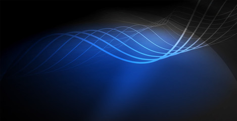 Glowing abstract wave on dark, shiny motion, magic space light. Techno abstract background