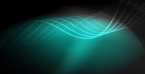 Glowing abstract wave on dark, shiny motion, magic space light. Techno abstract background