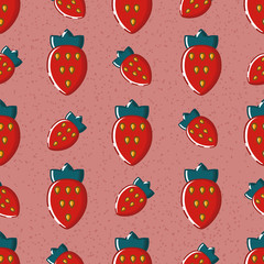 Cute seamless pattern with red strawberries with green leaves and yellow seeds. Pink noisy textured background. Flat linear style illustration. Vector.