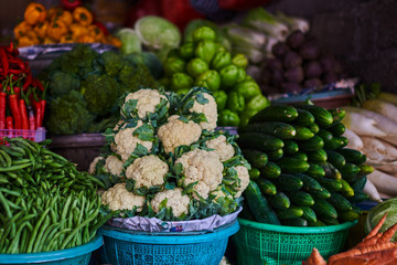 Asian food ingredients corner. Organic fresh agricultural product at farmer market. Fruit and vegetable.