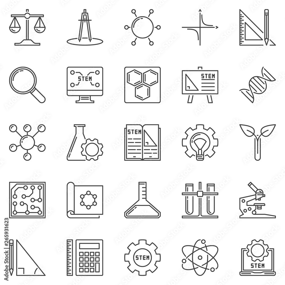 Poster stem outline icons set. vector science, technology, engineering and mathematics concept symbols or d