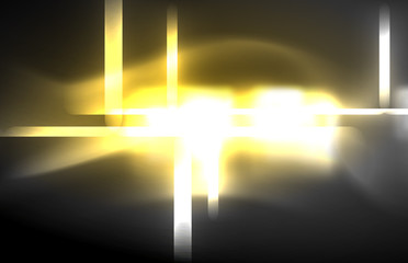 Neon square and line lights on dark background with blurred effects