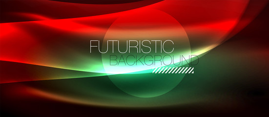 Glowing abstract wave on dark, shiny motion, magic space light. Techno abstract background