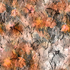 Seamless watercolor background with, flowers, paint splash. Watercolor card with a picture of dragonfly, flower branch, poppy, peony, sheet,floral pattern. Flower fragrance. Trendy vintage background