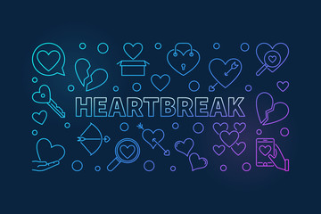 Heartbreak vector colorful outline horizontal illustration on dark background