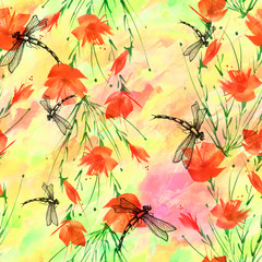 Seamless watercolor background with, flowers, paint splash. Watercolor card with a picture of dragonfly,flower branch, red poppy, peony, sheet,floral pattern.Flower fragrance.Trendy vintage background