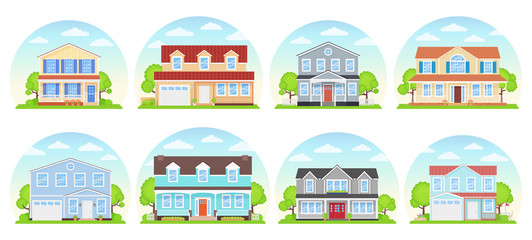 Obraz premium House exterior. Vector. Home building front view. Facade of modern cottage. Landscape of residential neighborhood. Set townhouses. Suburb architecture. Cartoon flat illustration.