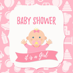Baby Shower invite card. Vector. Baby girl design. Pink banner. Welcome template invitation Cute birth party background. Happy greeting poster. with newborn kid, polka dot. Cartoon flat illustration.