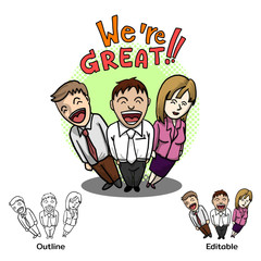 We are Great team, cartoon characters draw about business working team - outline and editable vector