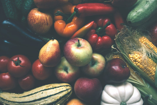 Healthy food clean eating selection. Fruit, vegetable, leaf vegetable. Toned image.
