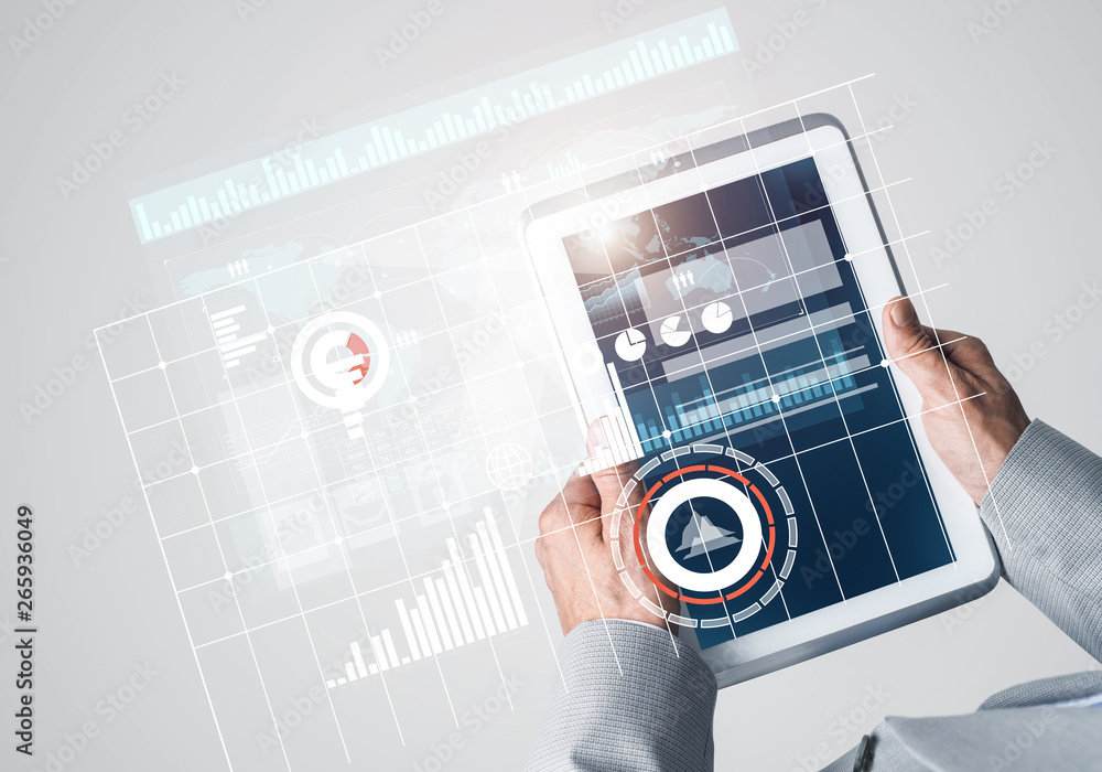 Poster interface of mobile application with charts and financial data