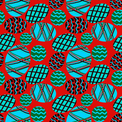 pattern with colored eggs on a red background