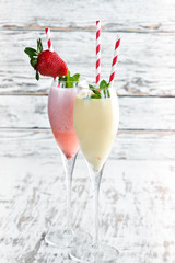 Tropical cocktail with coconut milk and banana. Top view.