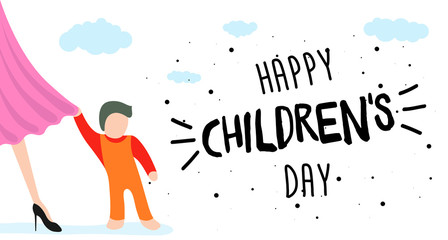 Happy Childrens Day greeting card, banner or poster. Little child clings to mom dress. World family holiday event design. Vector illustration with beautiful woman and kid