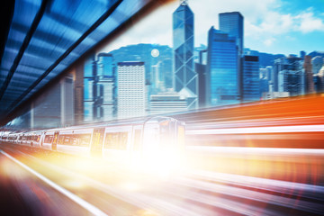 Fototapeta premium Motion blur of high speed train moving in Hong Kong