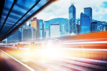 Motion blur of high speed train moving  in Hong Kong