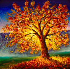 Original Ölgemälde auf Leinwand Kunst. Sonniger Herbstbaum. Moderner Impressionismus. Gelber orange roter Baum des Herbstgoldes im Sonnenlichtlandschaftsexpressionismusgrafik-Ölacrylgemälde © weris7554