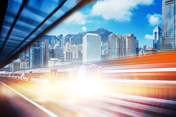 Fototapeta na wymiar Motion blur of high speed train moving in Hong Kong